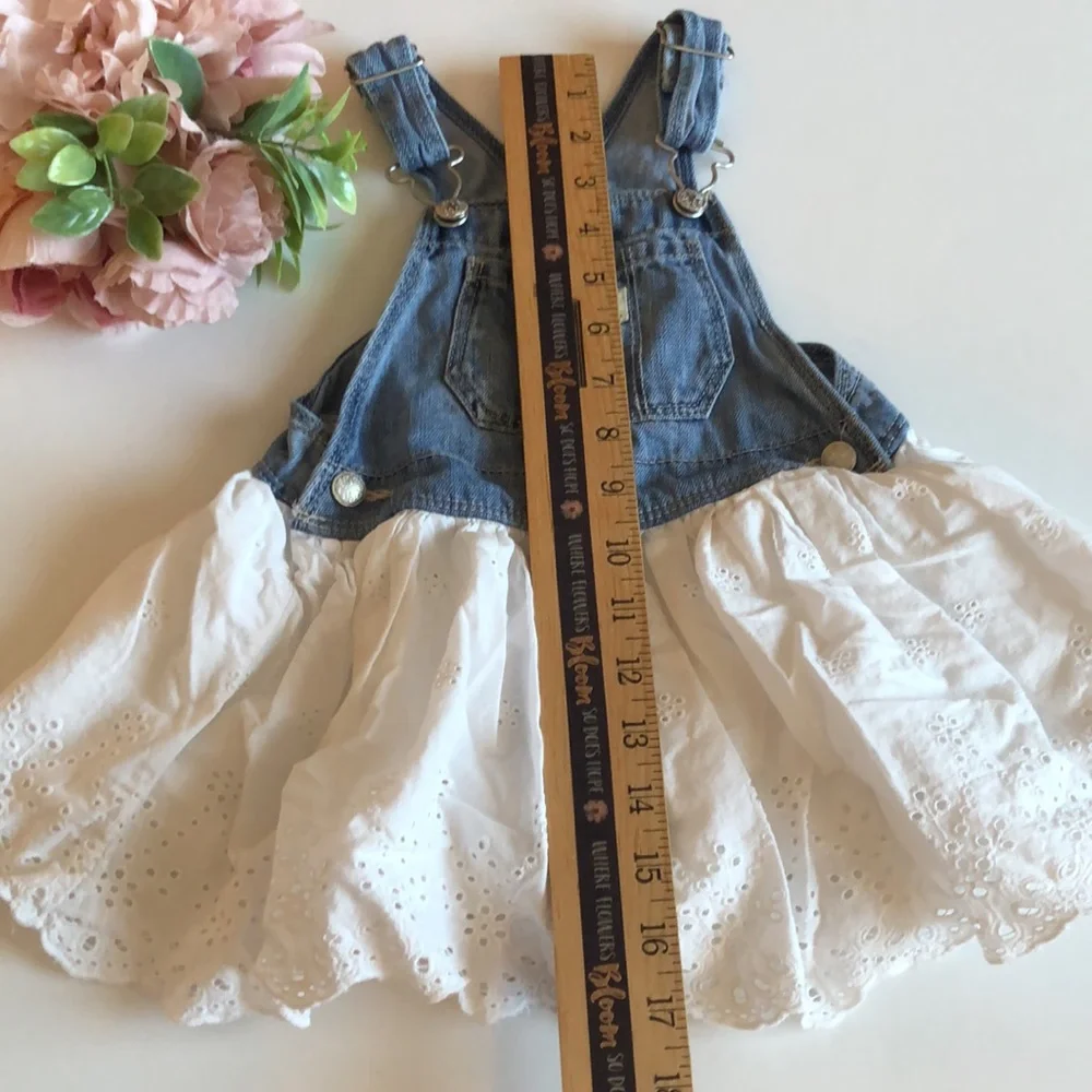 Osh Kosh Girl Bib Overalls Denim Dress Jumper White Eyelet Lace skirt 24M
